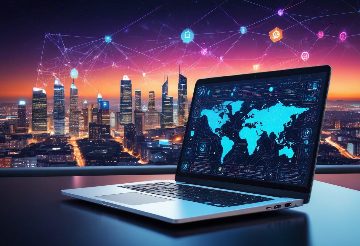 A futuristic digital landscape with a sleek laptop at the center, displaying an intricately designed website interface. Surround it with icons representing SEO, analytics, social media, and coding symbols interconnected by dynamic lines of light. The background should feature a city skyline made of pixels and code. super-realistic. vibrant colors. glowing effects.