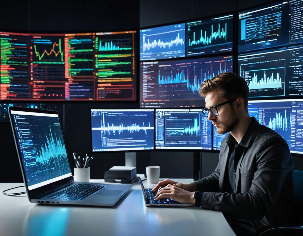 A dynamic web developer coding intensely on a sleek laptop with multiple holographic screens displaying code, analytics, and bulk data tools, surrounded by a futuristic workspace with glowing digital interfaces and flowcharts. Text overlays read 'Efficiency' and 'Management'. super-realistic. vibrant colors. white background.