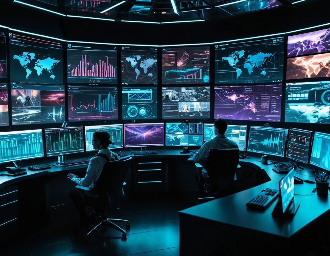A futuristic control room filled with high-tech monitors displaying seamless web operations, with a holographic interface showing interconnected workflows. Include a focused team optimizing processes in real-time. super-realistic. cyberpunk. vibrant colors. high-tech atmosphere.